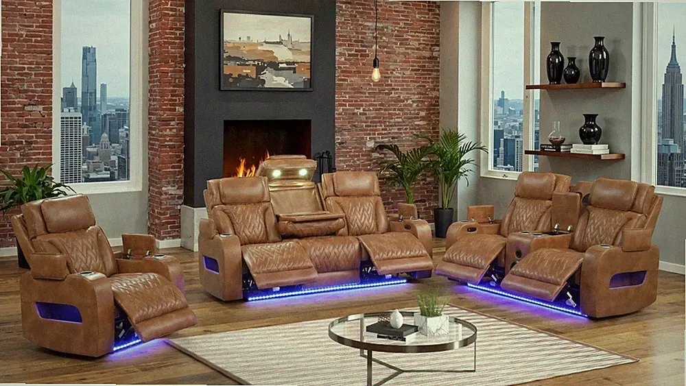NEW Brown Tan LED Power Recliner & Adj Headrest 3PC Sofa Set Bluetooth Speaker