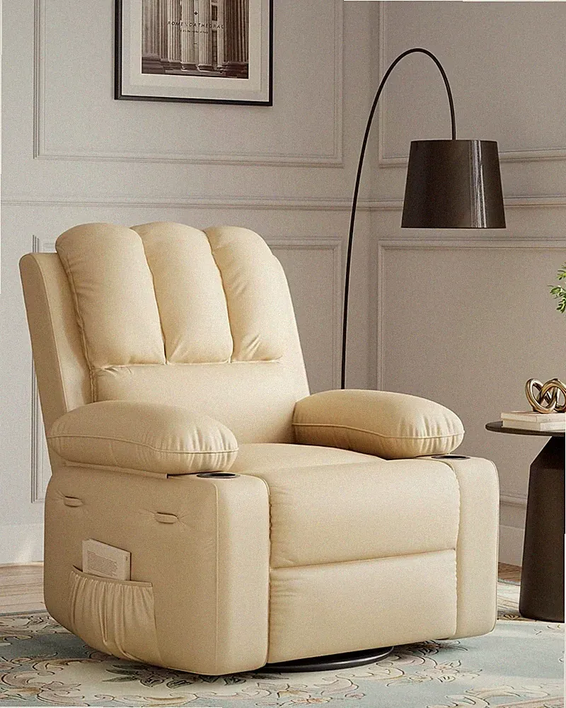 Oversize Manul Recliner Chair Single PU Leather Sofa with Side Pocket Beige